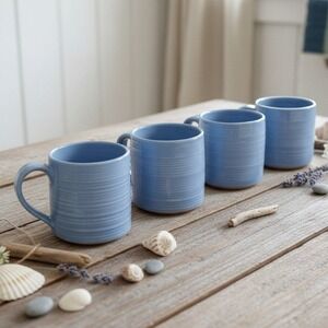Studio Pottery Art Handcrafted Signed Alahas Blue Ribbed Mugs Set Of 4
